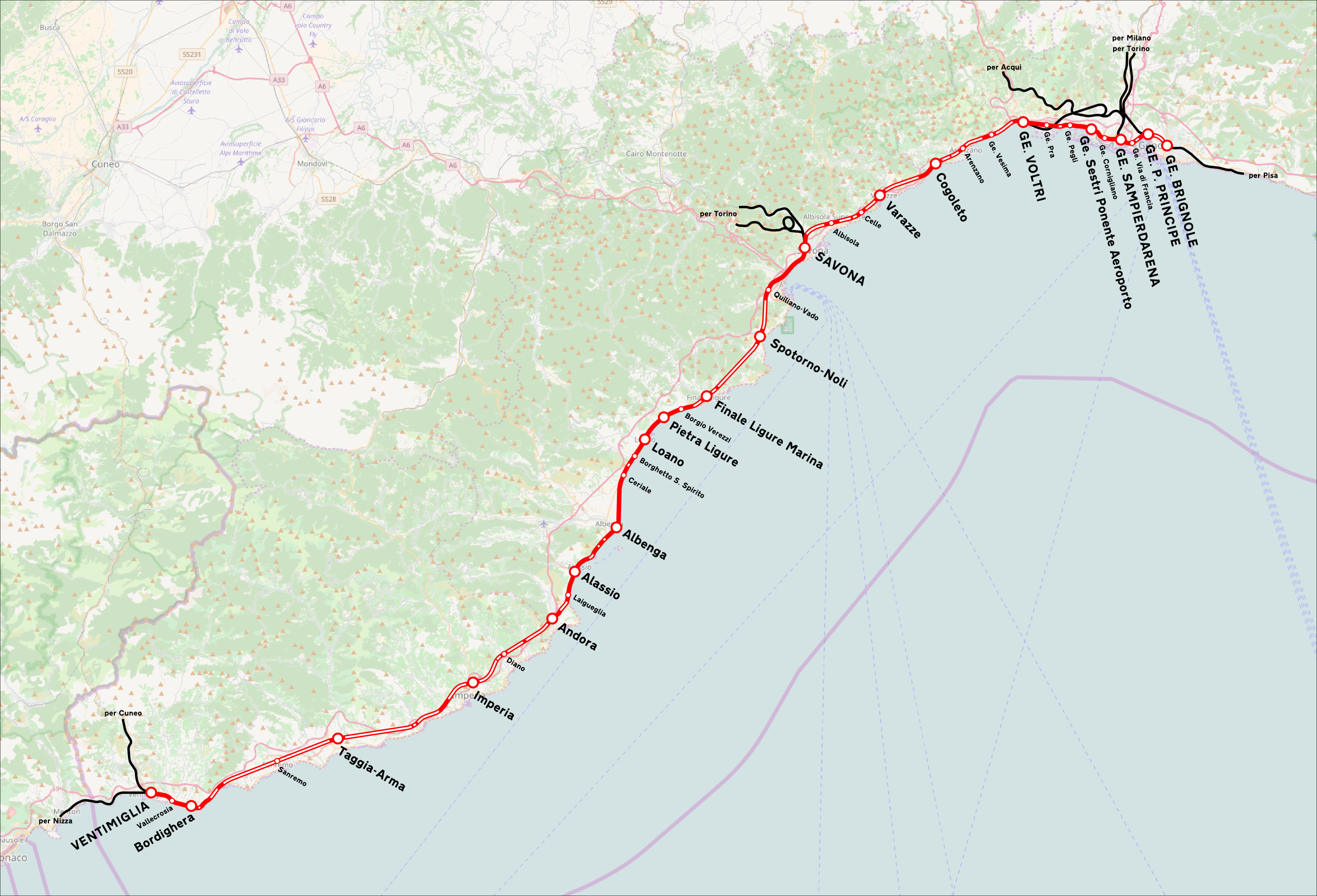 Mappa ferrovia Genova- Ventimiglia